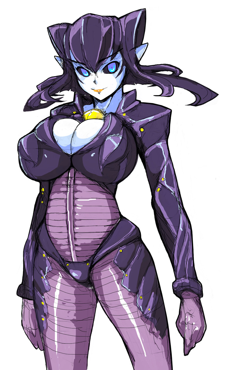 black_sclera, blue_eyes, blue_skin, bodysuit, breasts, cleavage, gold_lipstick, highres