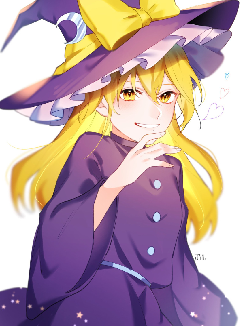 1girl, artist_name, bangs, blonde_hair, bow, buttons, crescent, crescent_hat_ornament