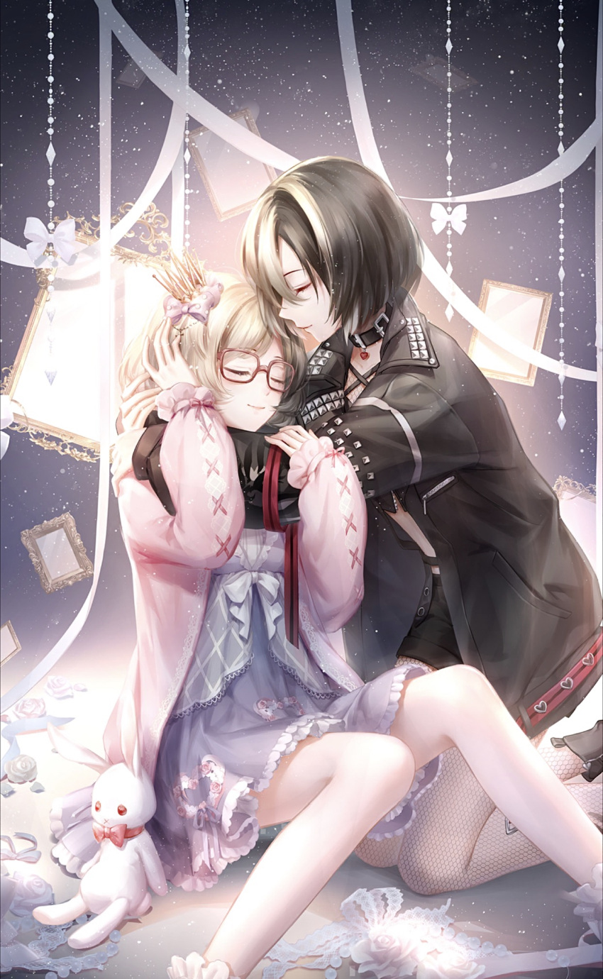 2girls, black_hair, black_jacket, black_top, blonde_hair, blue_background, bob_cut, boots