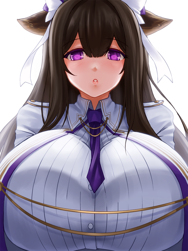 1girl, animal_ears, azur_lane, breasts, bright_pupils, brown_hair, cow_ears, cow_girl