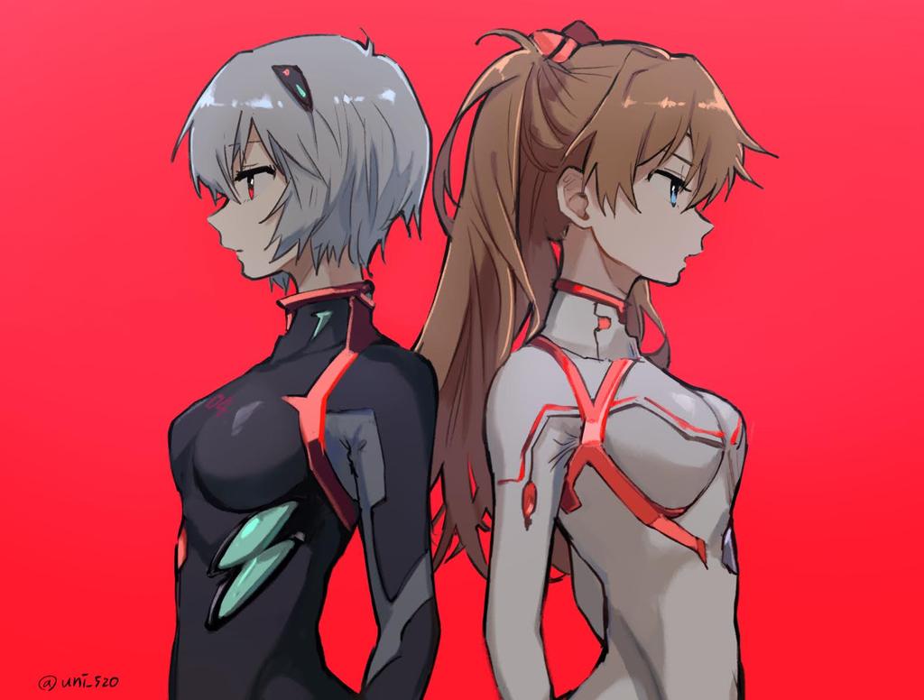 2girls, ayanami_rei, back-to-back, bangs, black_bodysuit, blue_eyes, blue_hair, bodysuit