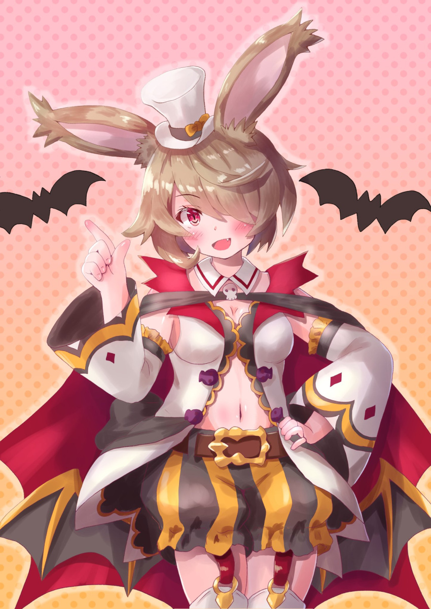 1girl, althemia, animal_ears, bangs, bat, belt, blonde_hair, breasts, cocoasabure, dragalia_lost, eyebrows_visible_through_hair, garter_straps, halloween_costume, hat, highres, looking_at_viewer, medium_breasts, mini_hat, mini_top_hat, navel, official_alternate_costume, open_mouth, rabbit_ears, red_eyes, short_hair, solo, top_hat