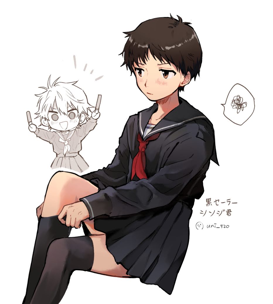 2boys, adjusting_clothes, adjusting_legwear, black_legwear, black_sailor_collar, black_serafuku, black_skirt, brown_eyes