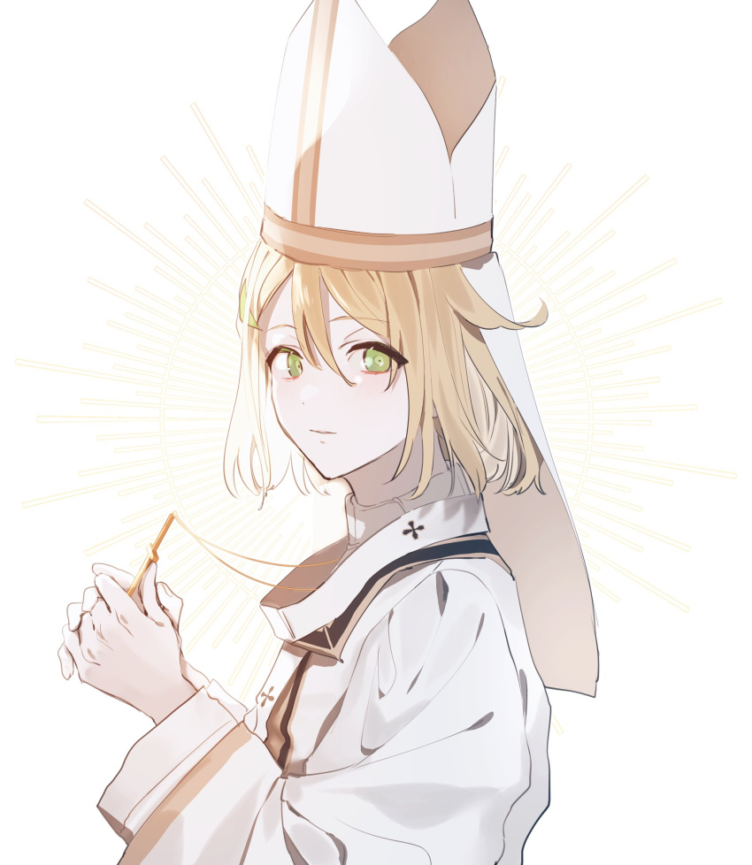 1girl, alternate_costume, bangs, blonde_hair, commission, cross, cross_necklace, fen_(vtuber)