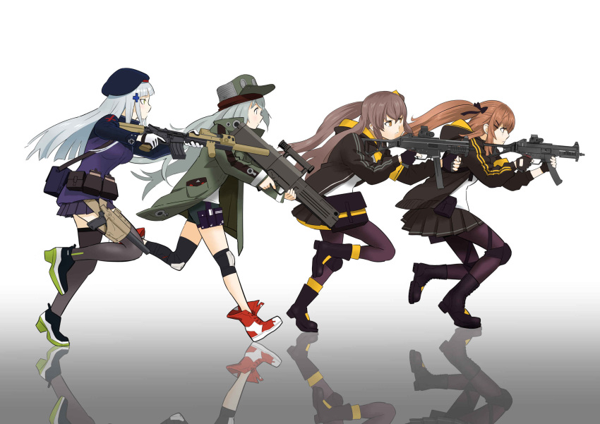 404_(girls_frontline), 4girls, amehashi_(vdde3724), assault_rifle, beret, boots, fingerless_gloves, g11_(girls_frontline), girls_frontline, gloves, gun, h&amp;k_g11, h&amp;k_hk416, h&amp;k_ump, h&amp;k_ump45, h&amp;k_ump9, hat, heckler_&amp;_koch, highres, hk416_(girls_frontline), knee_pads, multiple_girls, rifle, running, scope, shoes, shorts, skirt, submachine_gun, suppressor, trigger_discipline, twintails, ump45_(girls_frontline), ump9_(girls_frontline), weapon