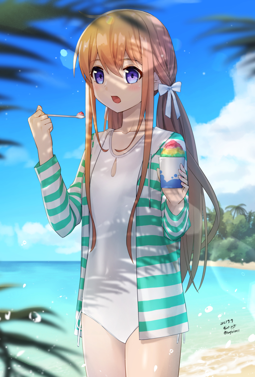 1girl, bangs, blue_eyes, blurry, blurry_foreground, blush, bow, brown_hair, casual_one-piece_swimsuit, collarbone, commentary_request, cup, dated, day, depth_of_field, disposable_cup, ensemble_girls!, eyebrows_visible_through_hair, hair_between_eyes, hair_bow, highres, holding, holding_cup, holding_spoon, horizon, hoshiumi_koyoi, jacket, long_hair, low_twintails, ocean, one-piece_swimsuit, open_clothes, open_jacket, open_mouth, outdoors, palm_tree, sarasa_(kanbi), shaved_ice, solo, spoon, standing, striped_jacket, swimsuit, tree, twintails, twitter_username, very_long_hair, violet_eyes, water, white_bow, white_swimsuit