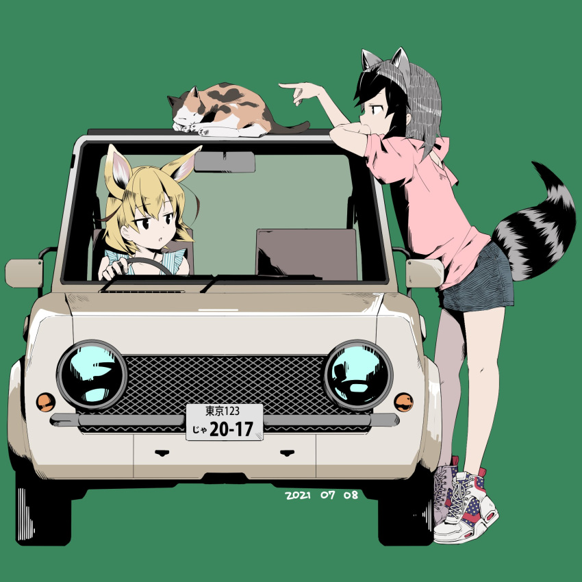2girls, alternate_costume, animal_ears, black_hair, blonde_hair, blue_dress, car, casual, cat, commentary_request, common_raccoon_(kemono_friends), denim, denim_skirt, dress, extra_ears, eyebrows_visible_through_hair, fennec_(kemono_friends), fox_ears, fox_girl, grey_hair, ground_vehicle, highres, hood, hood_down, kemono_friends, miniskirt, motor_vehicle, multicolored_hair, multiple_girls, nanana_(nanana_iz), nissan_pao, pink_sweater, poking, raccoon_ears, raccoon_girl, raccoon_tail, shoes, short_hair, skirt, sneakers, striped, striped_dress, sweater, tail, tiptoes, white_hair