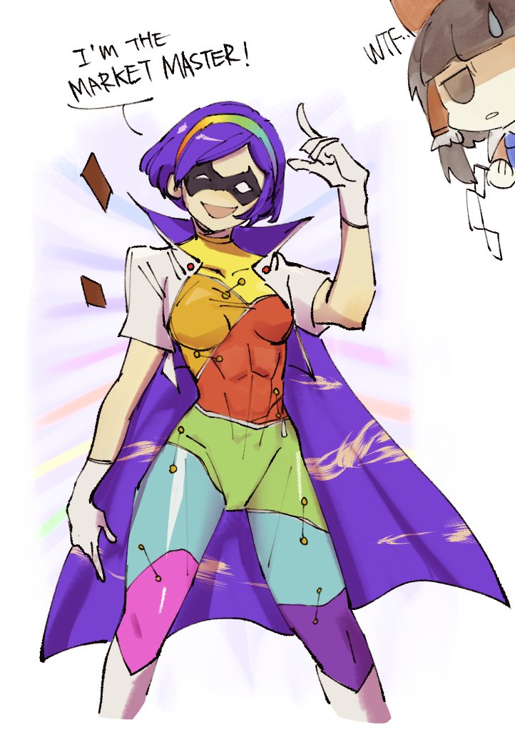 2girls, abs, blue_hair, bodysuit, bodysuit_under_clothes, breasts, cape, english_text, gloves, gretia, hakurei_reimu, mask, medium_breasts, multicolored, multicolored_clothes, multicolored_hairband, multiple_girls, patchwork_clothes, pointing, pointing_up, rainbow_gradient, red_button, short_hair, simple_background, sky_print, smile, superhero, tenkyuu_chimata, touhou, two-sided_cape, two-sided_fabric, what, white_background, white_cape, white_gloves