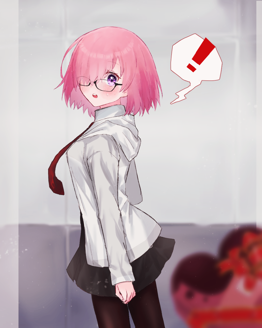 !, 1girl, black-framed_eyewear, black_skirt, blush, brown_legwear, candy, chocolate, chocolate_heart, commentary_request, eyebrows_visible_through_hair, fate/grand_order, fate_(series), food, glasses, hair_over_one_eye, harukappa, heart, highres, hood, hood_down, hooded_jacket, indoors, jacket, long_sleeves, looking_at_viewer, looking_to_the_side, mash_kyrielight, miniskirt, necktie, open_mouth, pantyhose, pink_hair, pov, red_neckwear, short_hair, skirt, solo, speech_bubble, valentine, violet_eyes, white_jacket