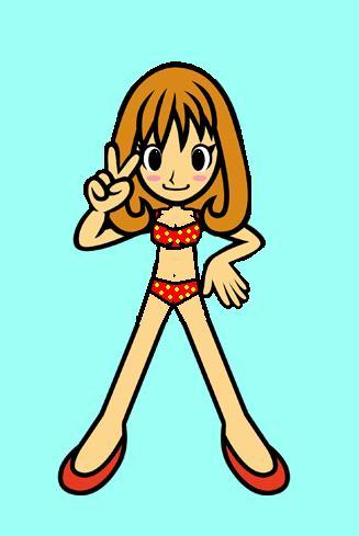 1girl, bikini, blue_background, blush, blush_stickers, brown_hair, cute, edit, edited, flats, full_body, lowres, navel, nintendo, okada_robin_shouko, polka_dot, polka_dot_bikini, red_bikini, rhythm_heaven, rhythm_heaven_(game), rhythm_tengoku, rhythm_tengoku_gold, robin_(rhythm_heaven), robin_(rhythm_tengoku), sandals, siegfried_(pixiv_id_756621), smile, summer, swimsuit, takeuchi_kou_(style), the_dazzles, v