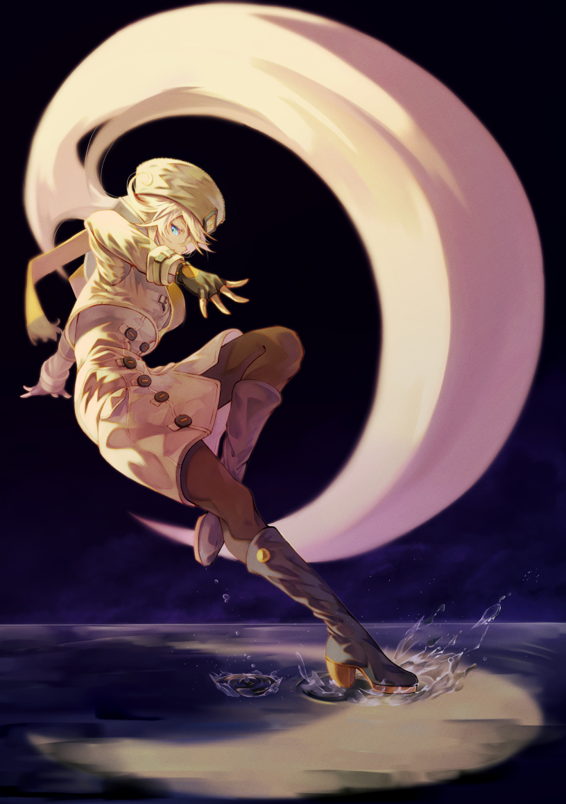 1girl, aqua_eyes, black_legwear, blonde_hair, boots, coat, fingerless_gloves, from_side