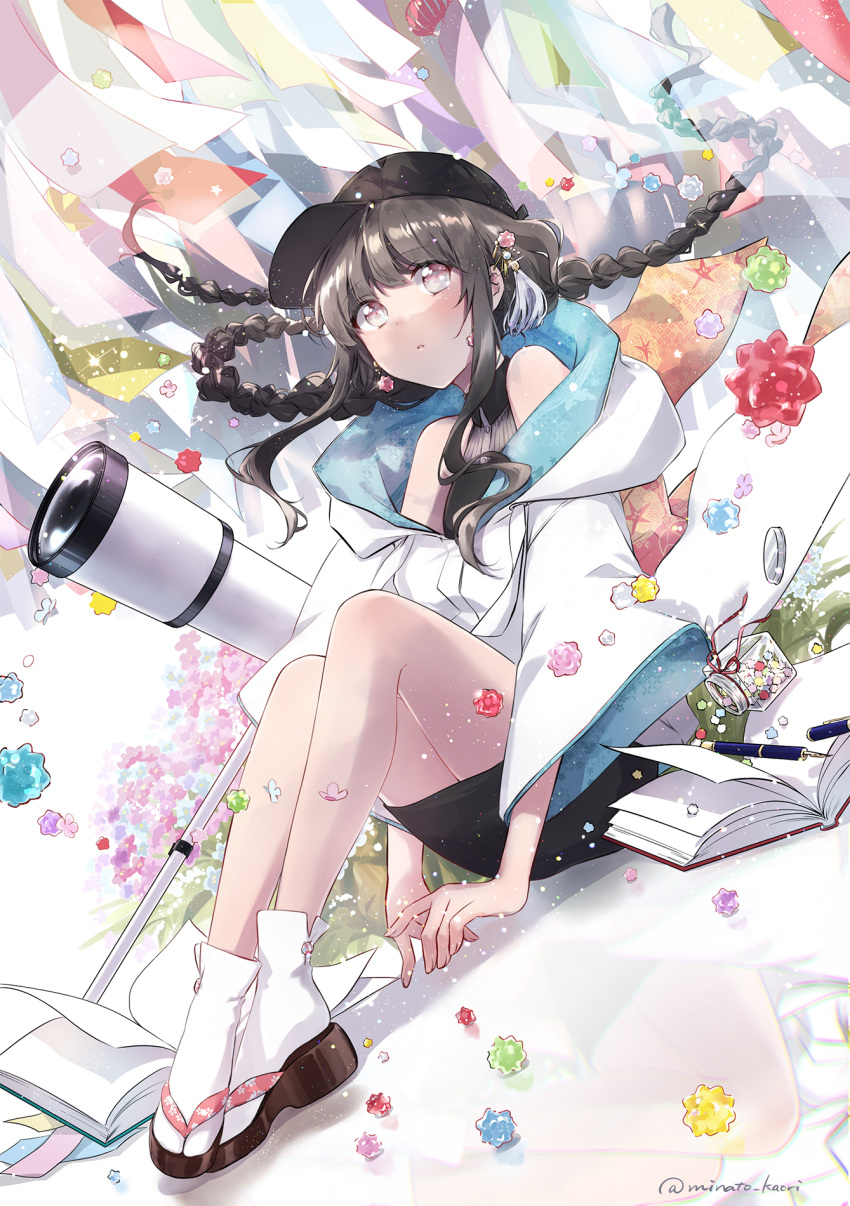 1girl, arm_support, bangs, bare_legs, bare_shoulders, black_footwear, black_skirt, book