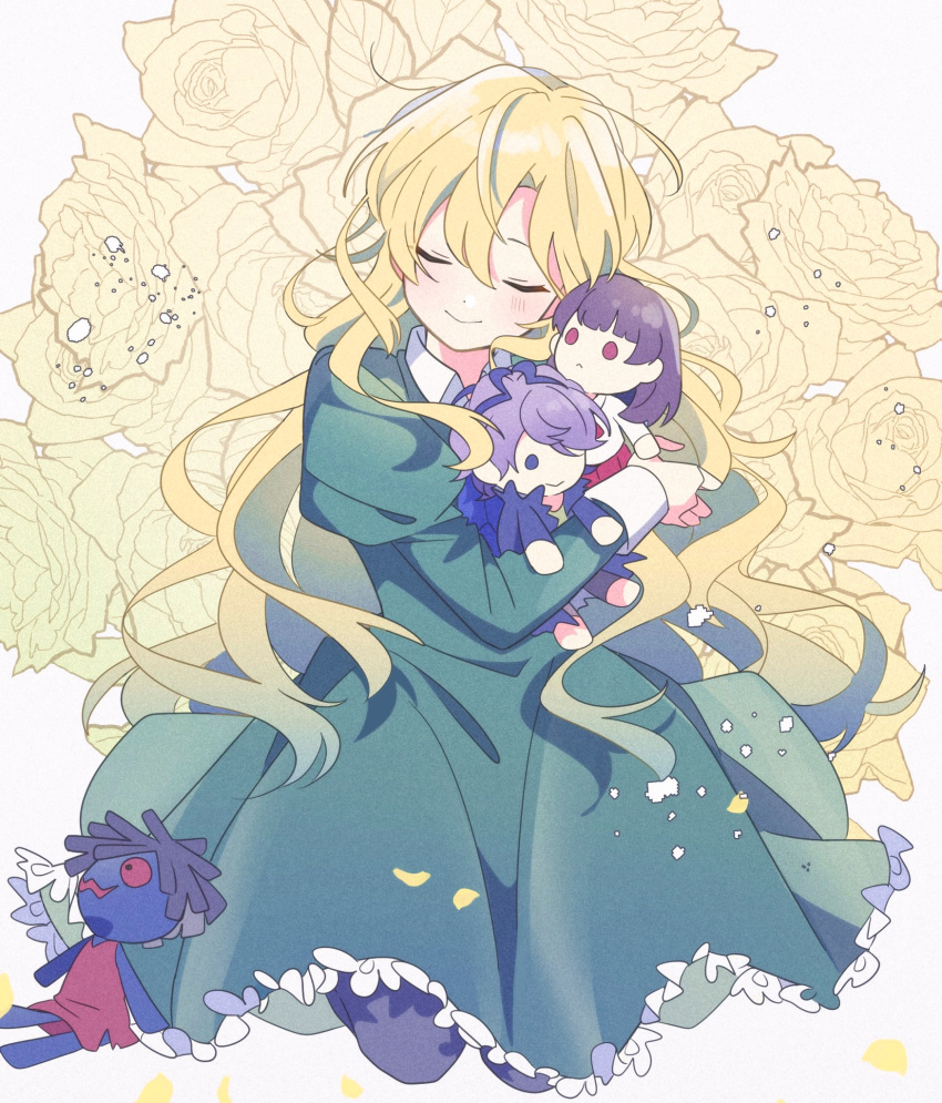 1boy, 1other, 2girls, ascot, bangs, black_legwear, blonde_hair, blue_hair
