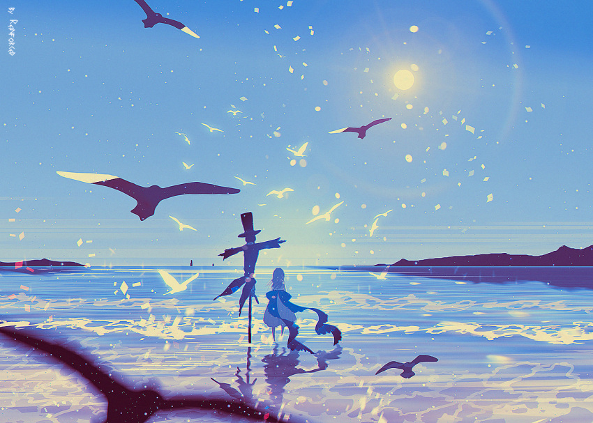 1girl, back_bow, bird, blue_bow, blue_sky, blue_theme, blurry, blurry_foreground