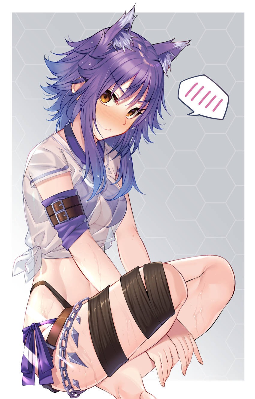 1girl, absurdres, animal_ear_fluff, animal_ears, arm_belt, arm_strap, bangs, barefoot