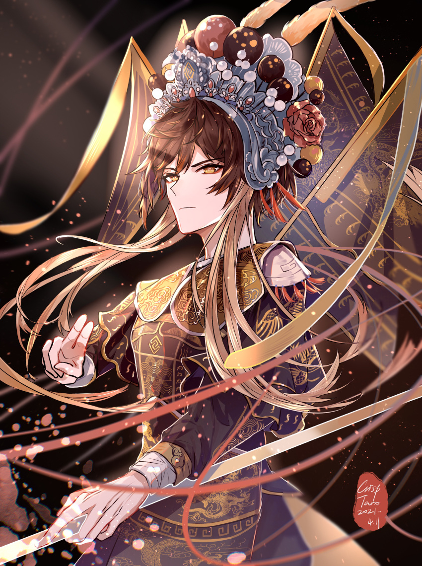 1boy, absurdres, alternate_costume, bangs, bird, black_hair, brown_hair, chinese_clothes, chinese_opera, crackingtaro, diamond-shaped_pupils, diamond_(shape), eyebrows_visible_through_hair, eyeliner, eyeshadow, flag, flower, genshin_impact, gradient_hair, hair_between_eyes, hair_tie, hand_up, hanfu, headdress, highres, holding, holding_polearm, holding_spear, holding_weapon, jewelry, light, long_hair, long_sleeves, makeup, multicolored_hair, orange_hair, phoenix, polearm, red_eyeshadow, red_flower, red_rose, rose, shadow, sidelocks, signature, solo, spear, standing, symbol-shaped_pupils, tassel, twitter_username, weapon, yellow_eyes, zhongli_(genshin_impact)