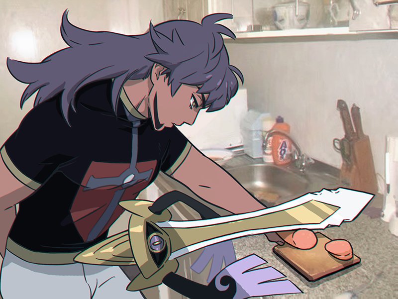 1boy, aegislash, arm_behind_back, bottle, champion_uniform, chopping, cutting_board, dark-skinned_male