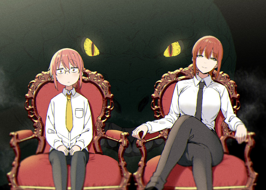 2girls, bangs, black_neckwear, black_pants, breasts, chainsaw_man, collared_shirt, crossed_legs, crossover, dragon, duplicate, expressionless, eyebrows_visible_through_hair, glasses, glowing, glowing_eyes, hands_on_own_thighs, highres, kobayashi-san_chi_no_maidragon, kobayashi_(maidragon), large_breasts, leaning_to_the_side, look-alike, makima_(chainsaw_man), multiple_girls, necktie, pants, pixel-perfect_duplicate, red_eyes, redhead, shirt, sitting, sky-freedom, smile, tohru_(dragon)_(maidragon), tohru_(maidragon), white_shirt, yellow_eyes, yellow_neckwear