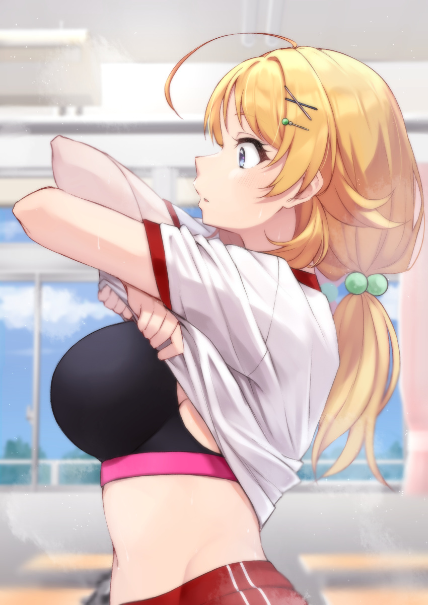 1girl, absurdres, antenna_hair, bangs, blonde_hair, blue_eyes, blush, breasts