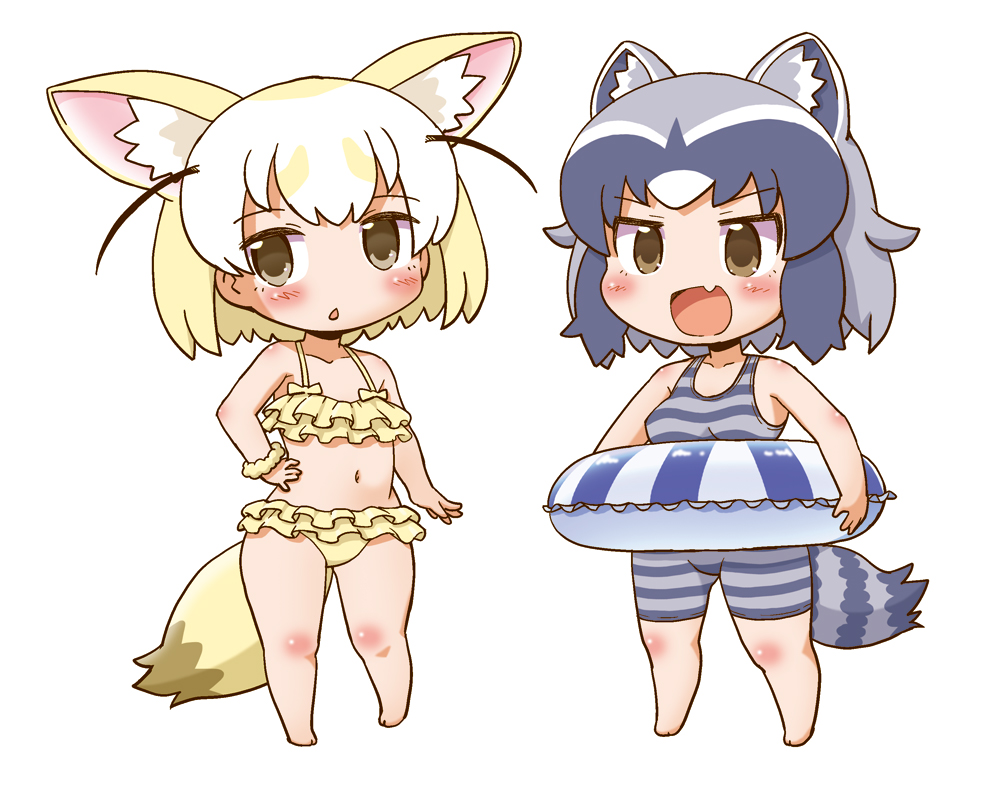 2girls, animal_ears, arm_at_side, bangs, barefoot, bikini, black_hair, blonde_hair