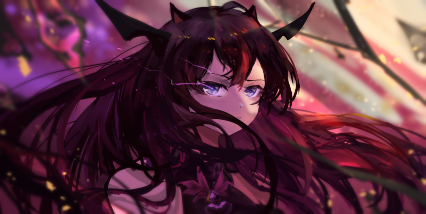 1girl, absurdres, amulet, bare_shoulders, black_dress, black_hair, demon_horns, dress