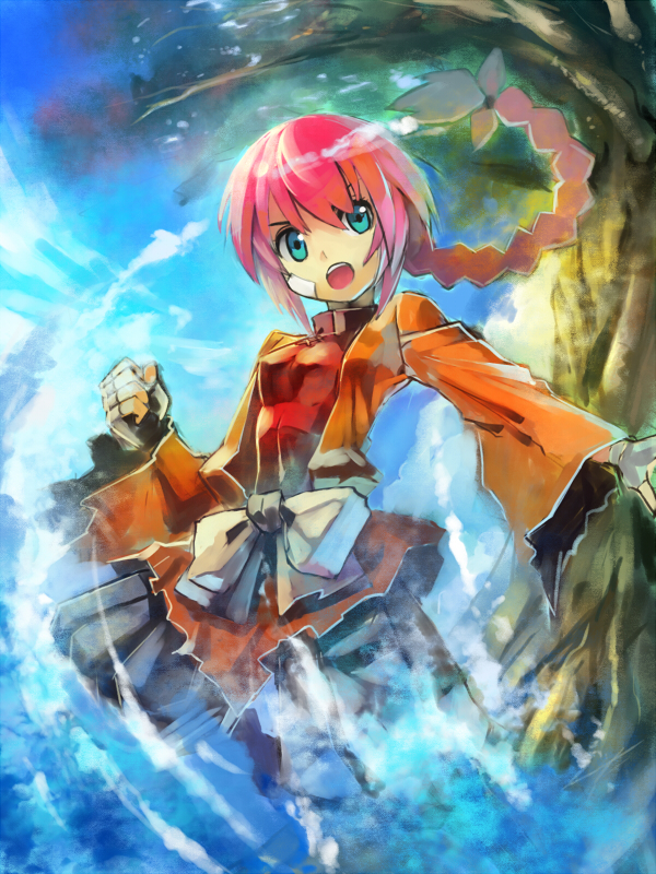 bandage, blue_eyes, braid, edobox, fingerless_gloves, gloves, monk_(sekaiju), pink_hair