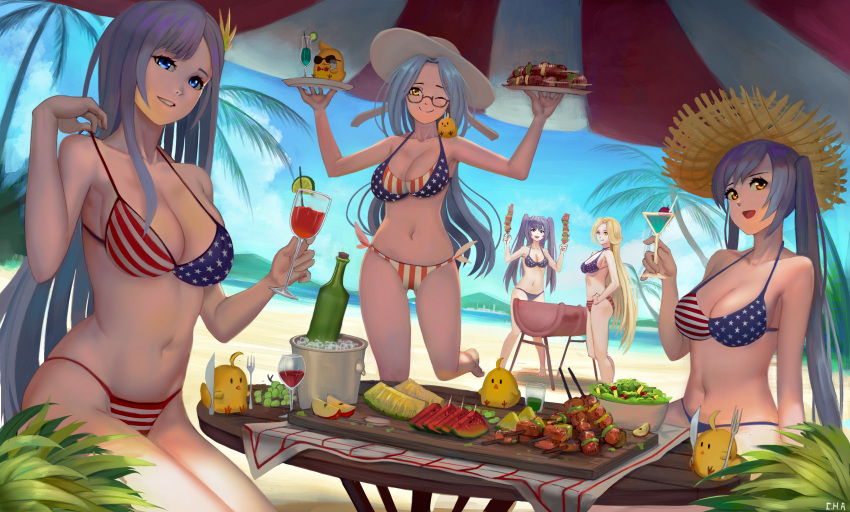 5girls, absurdres, alternate_costume, american_flag_bikini, artist_name, azur_lane, beach, beach_umbrella