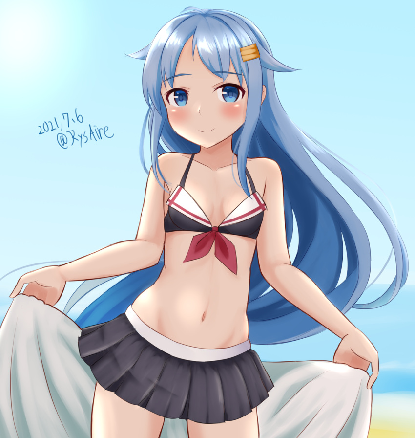 1girl, ame-san, bangs, bikini, bikini_skirt, black_bikini, black_skirt, blue_eyes