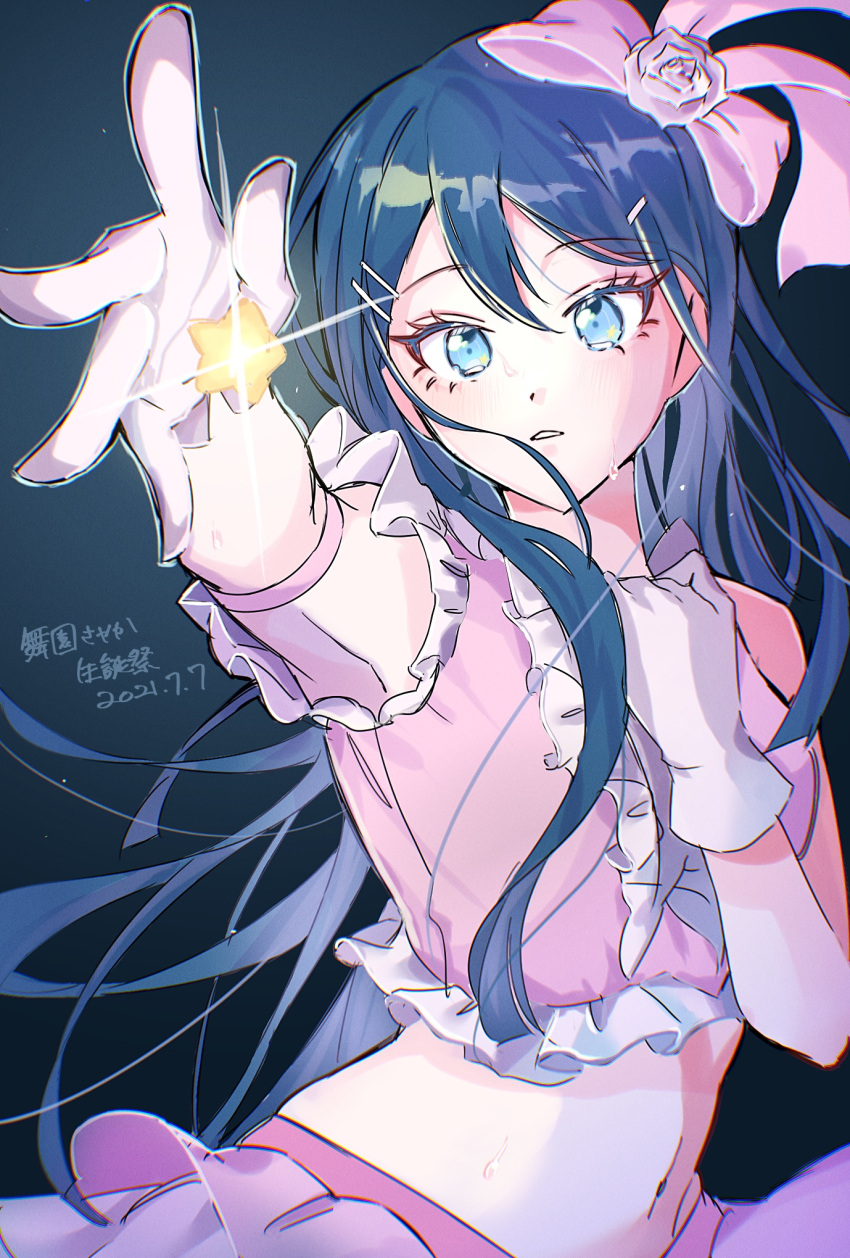 1girl, bangs, bare_shoulders, blue_eyes, blue_hair, bow, center_frills, crop_top