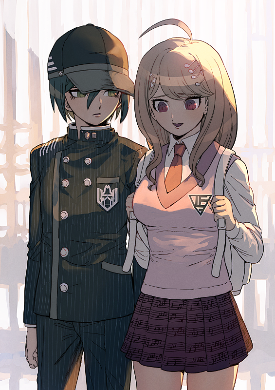 1boy, 1girl, ahoge, akamatsu_kaede, aoki_(fumomo), backpack, bag, bangs, black_headwear, black_jacket, black_pants, blonde_hair, breasts, brown_eyes, buttons, collared_shirt, cowboy_shot, dangan_ronpa_(series), dangan_ronpa_v3:_killing_harmony, double-breasted, gakuran, hair_ornament, jacket, long_hair, long_sleeves, looking_at_another, musical_note, musical_note_hair_ornament, necktie, pants, pink_vest, pleated_skirt, purple_skirt, saihara_shuuichi, school_uniform, shirt, skirt, smile, striped, striped_jacket, striped_pants, vest, whiet_shirt, white_bag