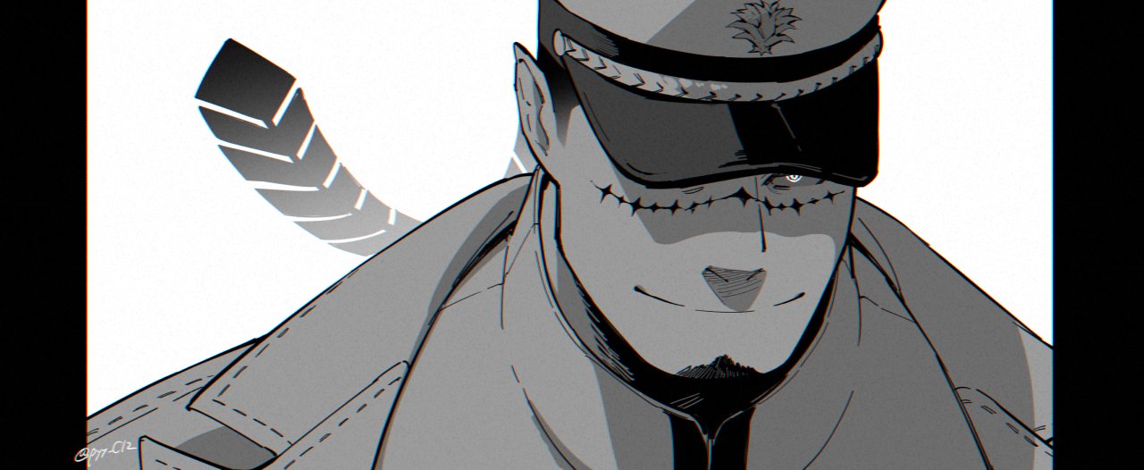 1boy, black_hair, evil_smile, facial_hair, goatee, greyscale, hat, jacket