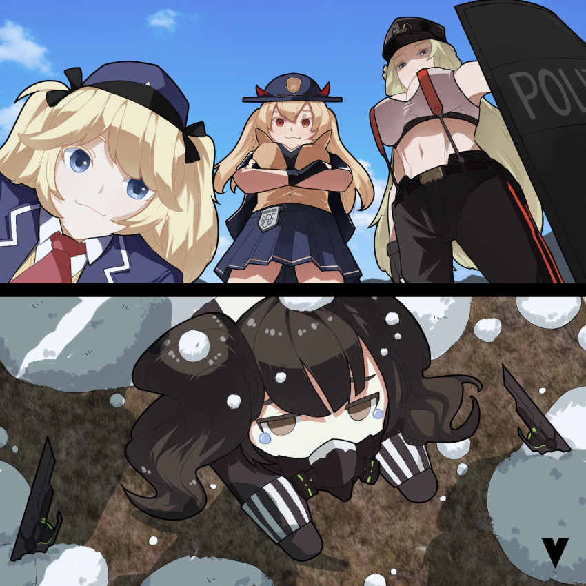 4girls, apu_spills_his_tendies_(meme), bangs, black_gloves, black_hair, blonde_hair, blue_eyes, blue_skirt, blue_sky, breasts, brown_eyes, closed_mouth, crossed_arms, fp-6_(girls_frontline), girls_frontline, gloves, green_hair, hat, highres, large_breasts, long_hair, looking_at_viewer, m870_(girls_frontline), meme, multiple_girls, navel, pants, respirator, sangvis_ferri, scarecrow_(girls_frontline), skirt, sky, smile, super-shorty_(girls_frontline), tearing_up, twintails, variasii