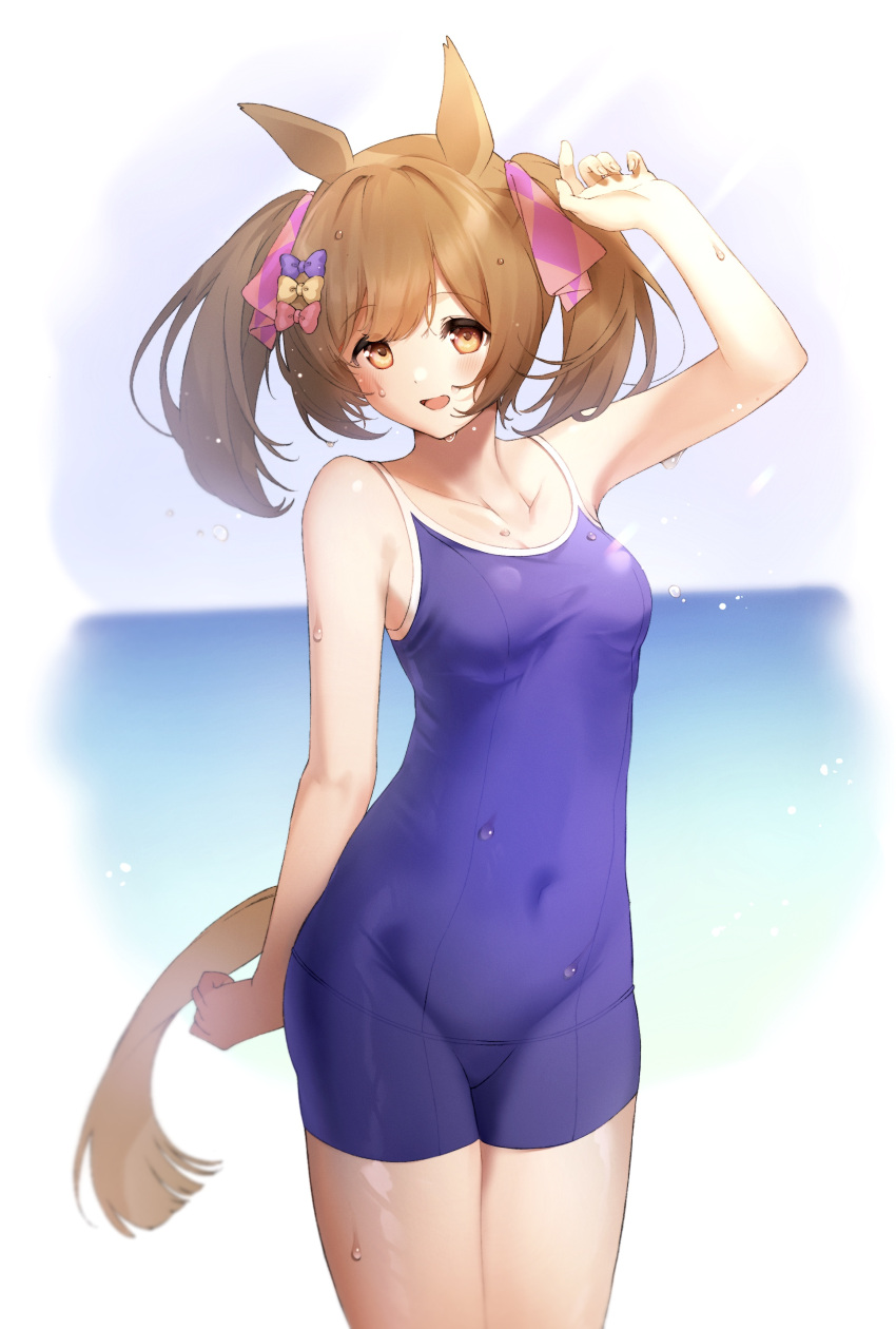 1girl, absurdres, animal_ears, arm_up, bangs, bare_arms, bare_shoulders, blue_swimsuit