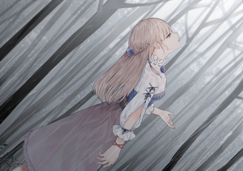 1girl, bangs, blonde_hair, bracelet, braid, breasts, crown_braid, flower