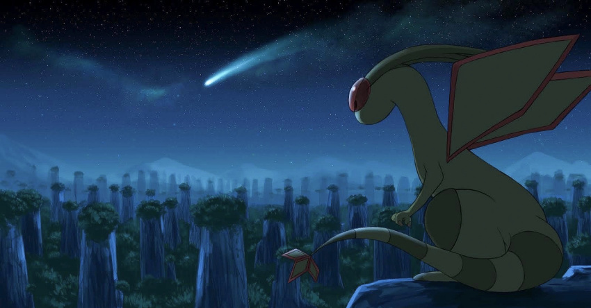 arigato_omuraisu, commentary_request, flygon, fog, gen_3_pokemon, highres, mountainous_horizon, night, no_humans, outdoors, pokemon, pokemon_(creature), shooting_star, sky, solo, star_(sky), tanabata