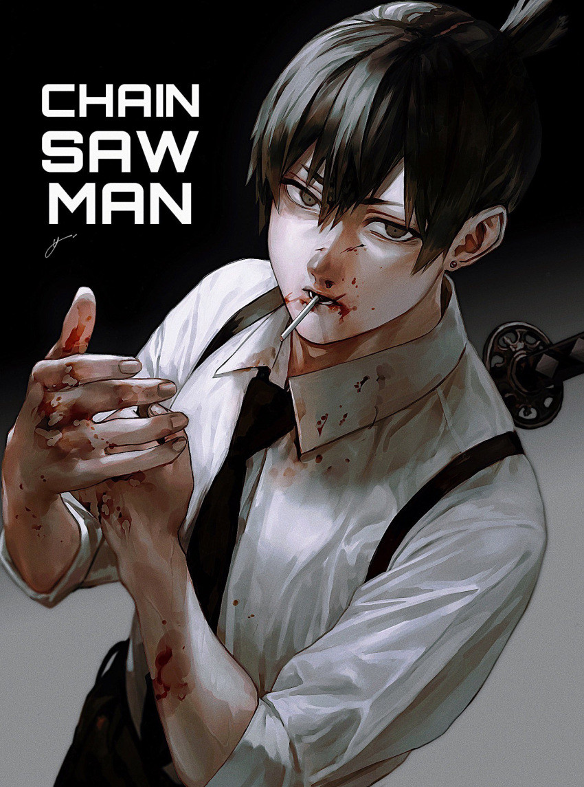 1boy, black_hair, black_neckwear, black_pants, black_suit, blood, blood_on_face, bloody_clothes