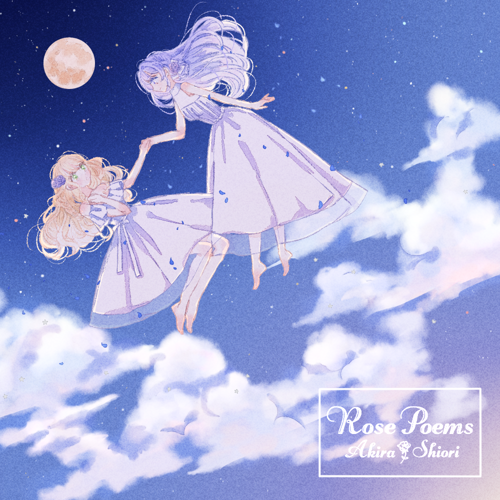 2girls, bangs, bare_arms, bare_shoulders, barefoot, blonde_hair, blue_sky, character_name, closed_mouth, clouds, dress, eye_contact, falling_petals, floating, floating_hair, flower, full_moon, green_eyes, hair_flower, hair_ornament, haruhana_aya, holding_hands, long_dress, long_hair, looking_at_another, moon, multiple_girls, night, off-shoulder_dress, off_shoulder, outdoors, parted_lips, petals, purple_flower, purple_rose, rose, see-through, shoujo_kageki_revue_starlight, shoujo_kageki_revue_starlight_-re_live-, silver_hair, sky, sleeveless, sleeveless_dress, song_name, star_(sky), violet_eyes, white_dress, yukishiro_akira, yumeoji_shiori, yuri