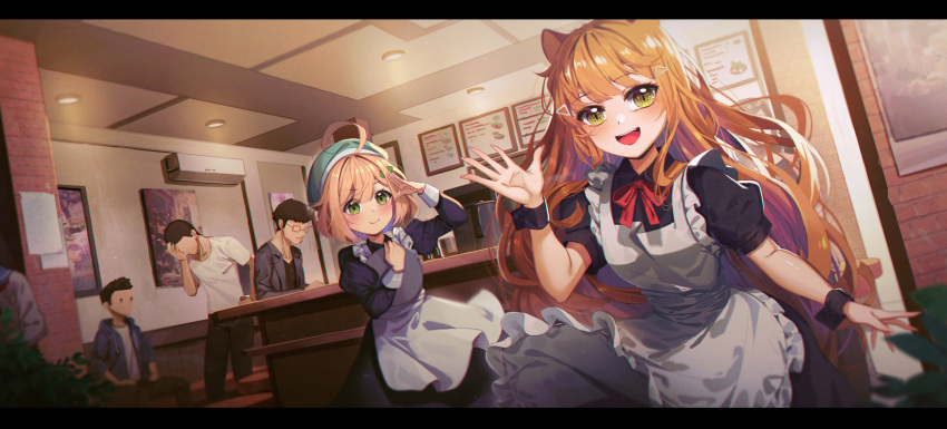 2girls, 3boys, absurdres, ahoge, alternate_costume, animal_ears, apron, aqua_headwear