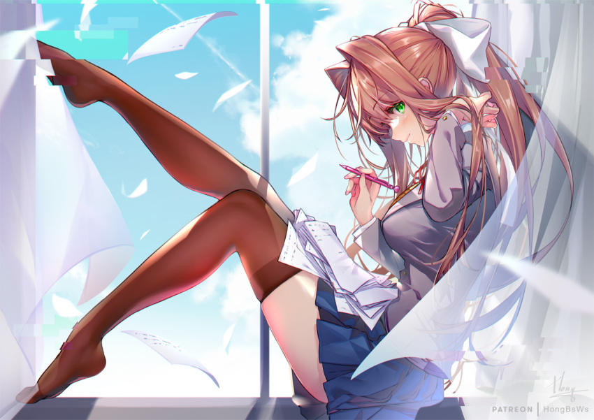 1girl, blue_skirt, blue_sky, breasts, brown_hair, clouds, curtains, day