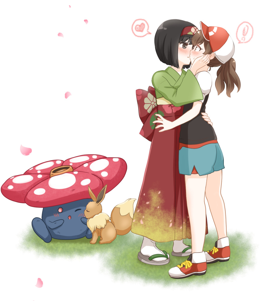 !, 2girls, black_eyes, black_hair, blush, brown_eyes, brown_hair, cherry_blossoms