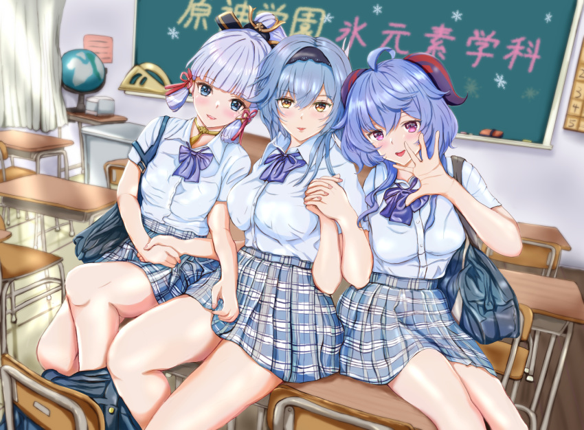 3girls, ahoge, alternate_costume, ayaka_(genshin_impact), bangs, black_hairband, blue_hair, blunt_bangs