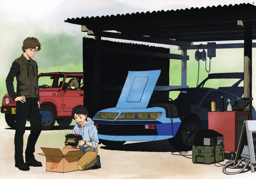 1girl, 2boys, absurdres, aida_kensuke, black_hair, blue_eyes, brown_hair, car