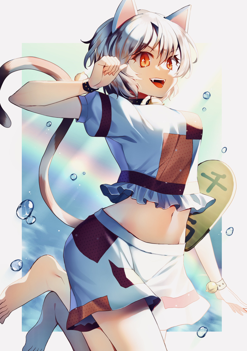 1girl, :d, absurdres, animal_ears, aqua_background, bangs, barefoot, bell