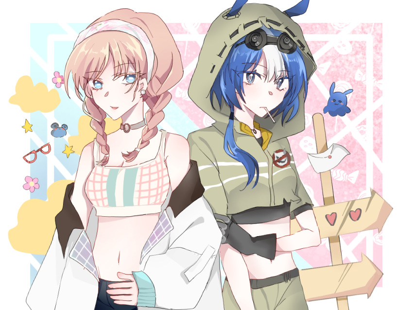 2girls, alternate_costume, animal_ears, arknights, bare_shoulders, blue_eyes, blue_hair, blue_poison_(arknights)