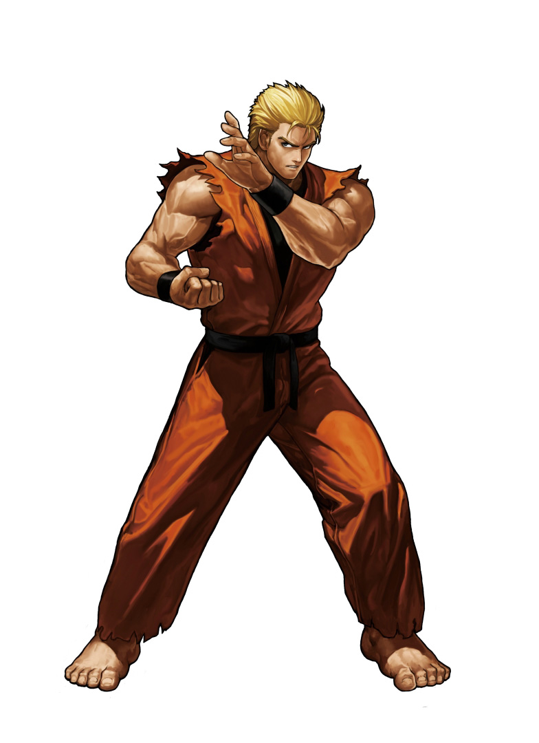 1boy, barefoot, blonde_hair, clenched_hand, dougi, eisuke_ogura, full_body, king_of_fighters