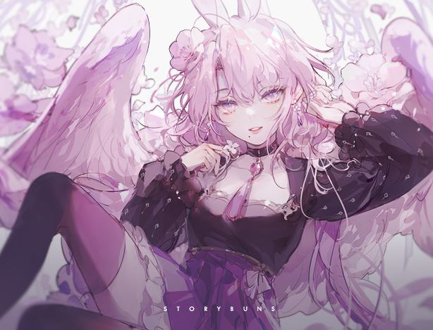 1girl, alternate_hair_color, angel_wings, animal_ears, artist_name, atelier_live, bangs, black_blouse