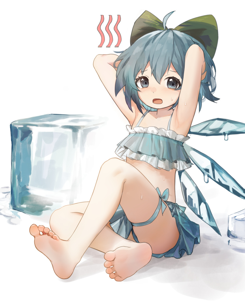 1girl, absurdres, ahoge, arms_behind_head, barefoot, bikini, blue_bikini, blue_eyes, blue_hair, blue_wings, bow, cirno, frilled_bikini, frills, full_body, green_bow, hair_bow, highres, ice, ice_cube, ice_wings, looking_at_viewer, short_hair, simple_background, sitting, siyumu, solo, sweat, swimsuit, toes, touhou, white_background, wings