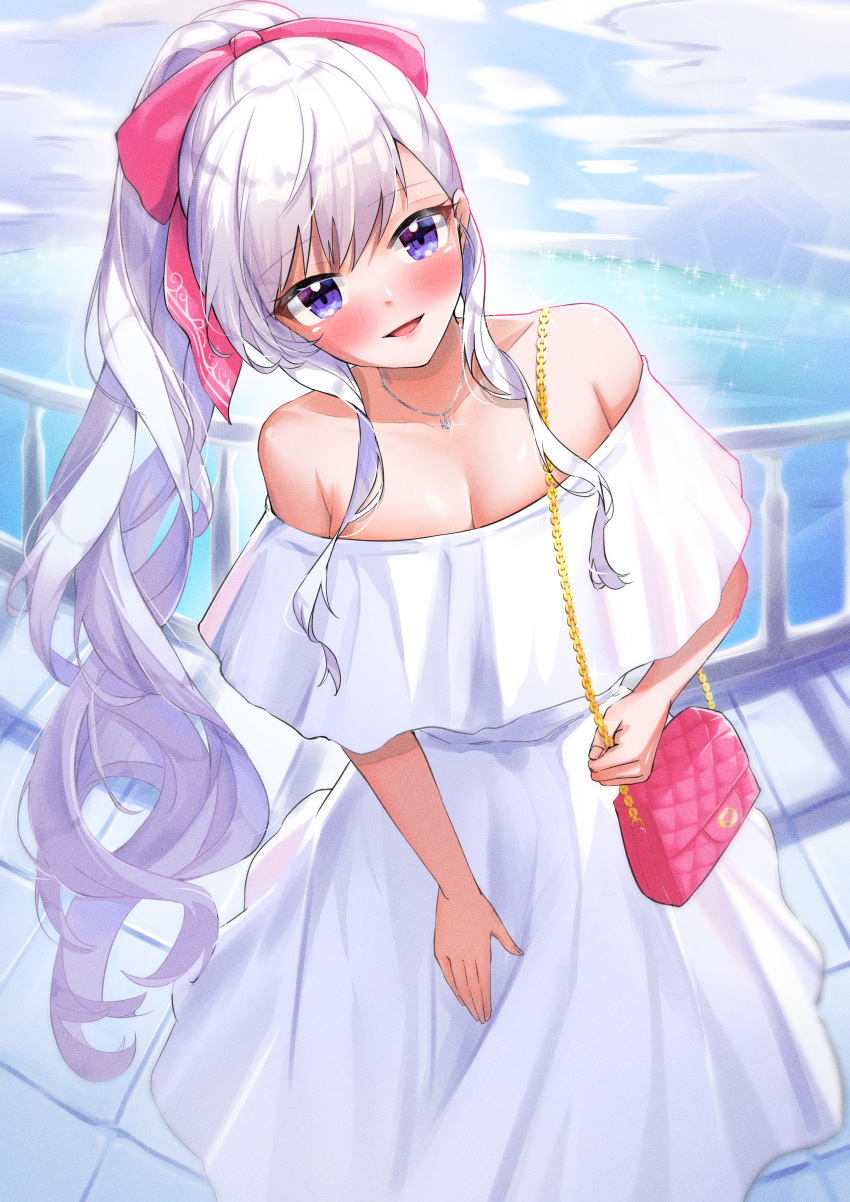 1girl, :d, absurdres, alternate_costume, alternate_hairstyle, azur_lane, bag, bare_shoulders