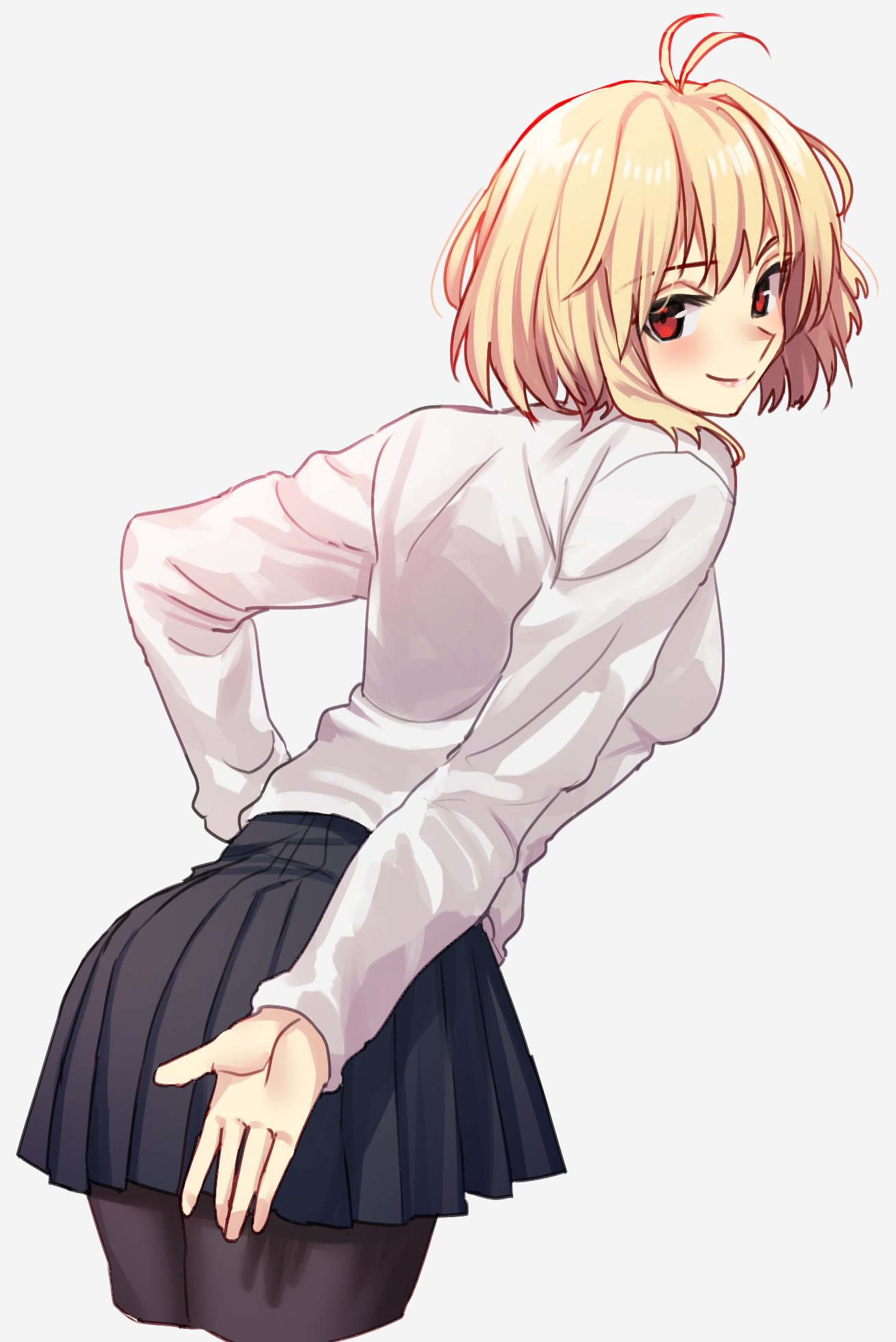 1girl, antenna_hair, arcueid_brunestud, arm_behind_back, bangs, benbe, black_legwear, black_skirt, blonde_hair, blush, breasts, closed_mouth, cowboy_shot, cropped_legs, eyebrows_visible_through_hair, from_behind, grey_background, hand_on_hip, highres, leaning_forward, long_sleeves, looking_at_viewer, looking_back, medium_breasts, miniskirt, pantyhose, pleated_skirt, red_eyes, short_hair, simple_background, skirt, skirt_tug, smile, solo, standing, sweater, tsukihime, tsukihime_(remake), white_sweater