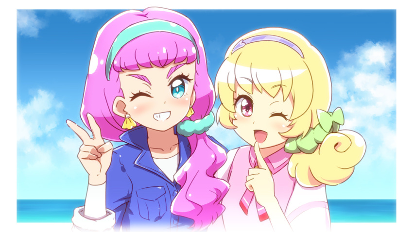 2girls, ;d, aikatsu!_(series), aikatsu_stars!, aqua_hairband, aqua_scrunchie, blonde_hair, blue_eyes